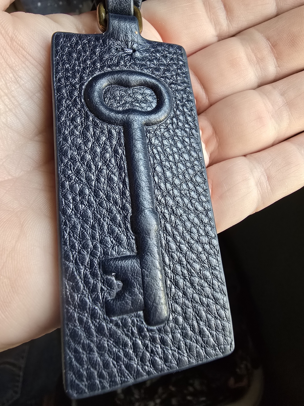 Fossil Navy Leather Key Embossed Tag